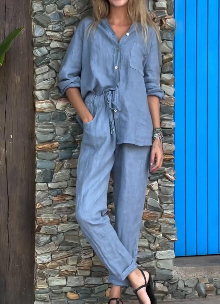 Set din două piese din bumbac și in, cu cămașă și pantaloni, de culoare solidă, cu decolteu în V