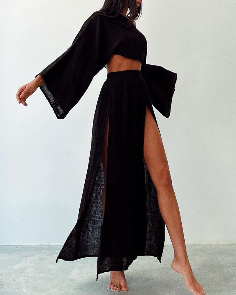 Set casual din bumbac și in cu fante elegant
