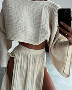 Set casual din bumbac și in cu fante elegant