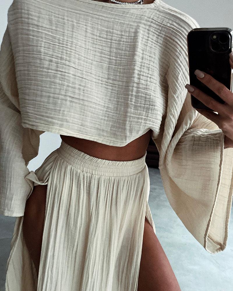 Set casual din bumbac și in cu fante elegant