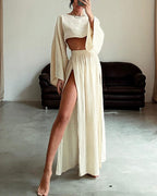 Set casual din bumbac și in cu fante elegant
