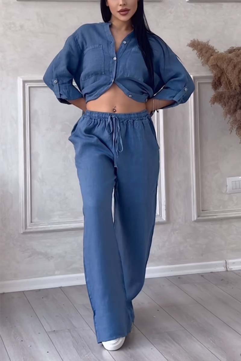 Set de pantaloni din bumbac și in, de culoare solidă, casual