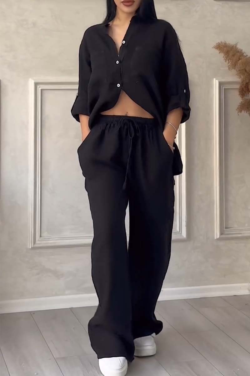 Set de pantaloni din bumbac și in, de culoare solidă, casual