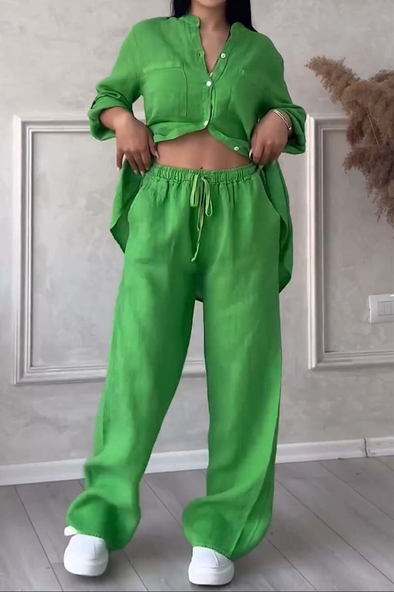 Set de pantaloni din bumbac și in, de culoare solidă, casual