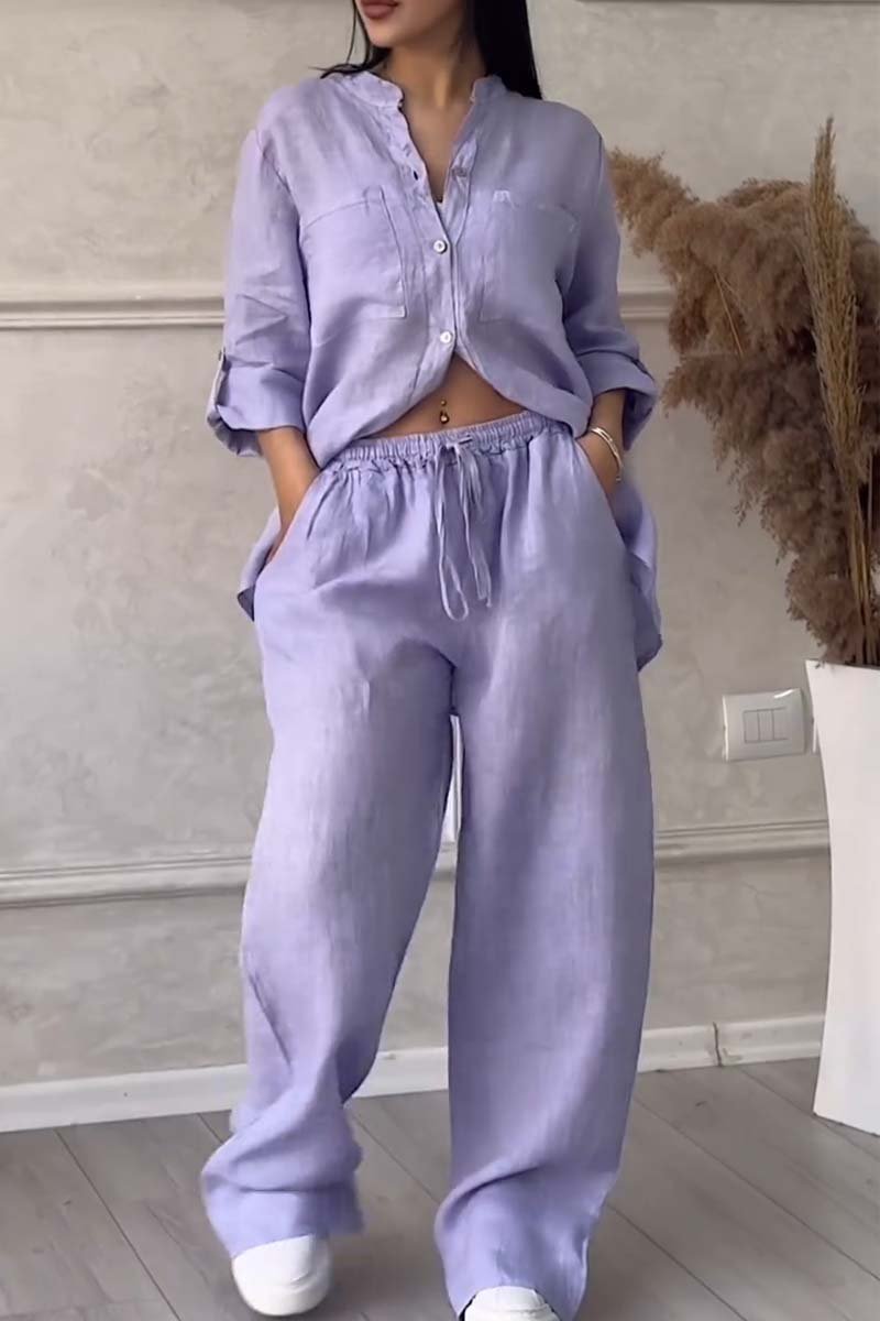 Set de pantaloni din bumbac și in, de culoare solidă, casual