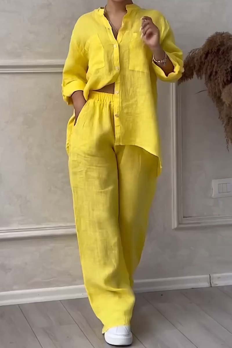 Set de pantaloni din bumbac și in, de culoare solidă, casual
