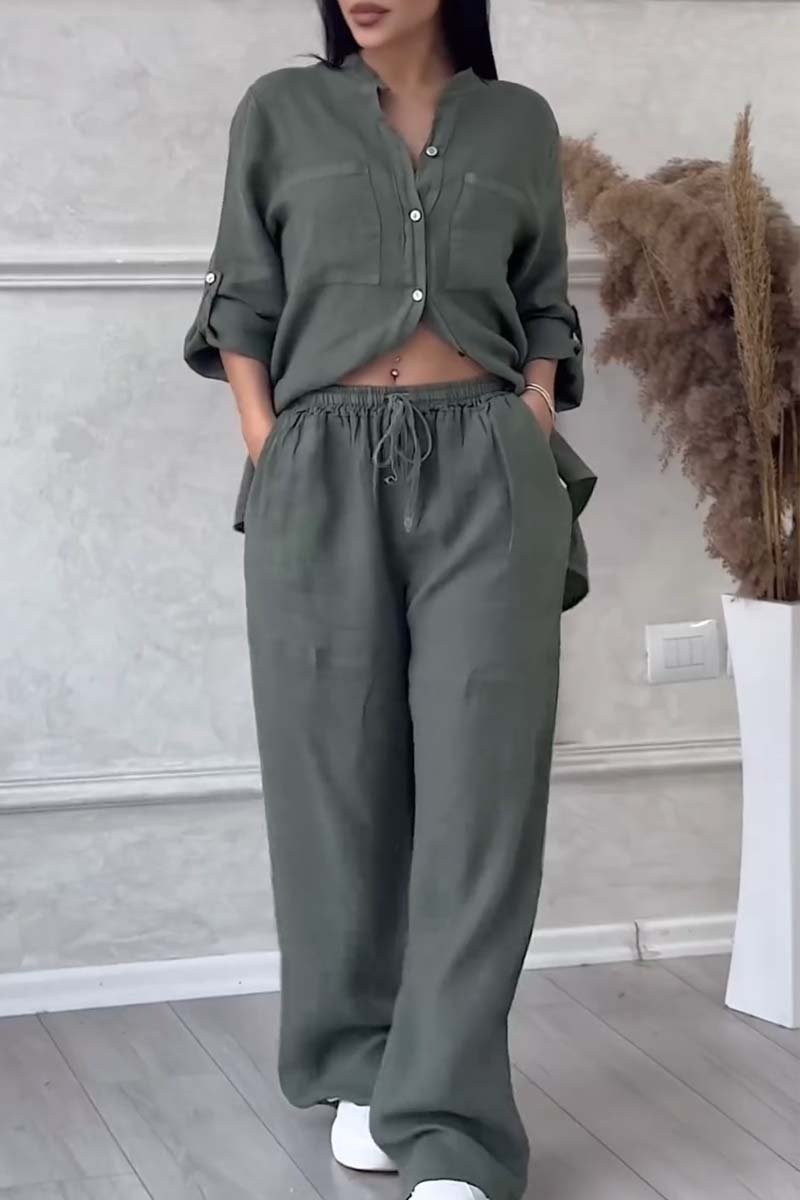 Set de pantaloni din bumbac și in, de culoare solidă, casual