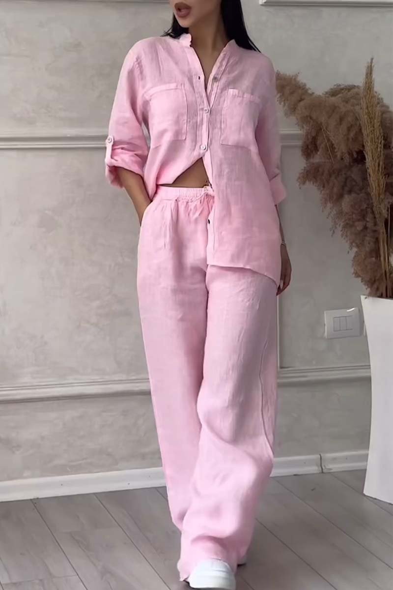 Set de pantaloni din bumbac și in, de culoare solidă, casual