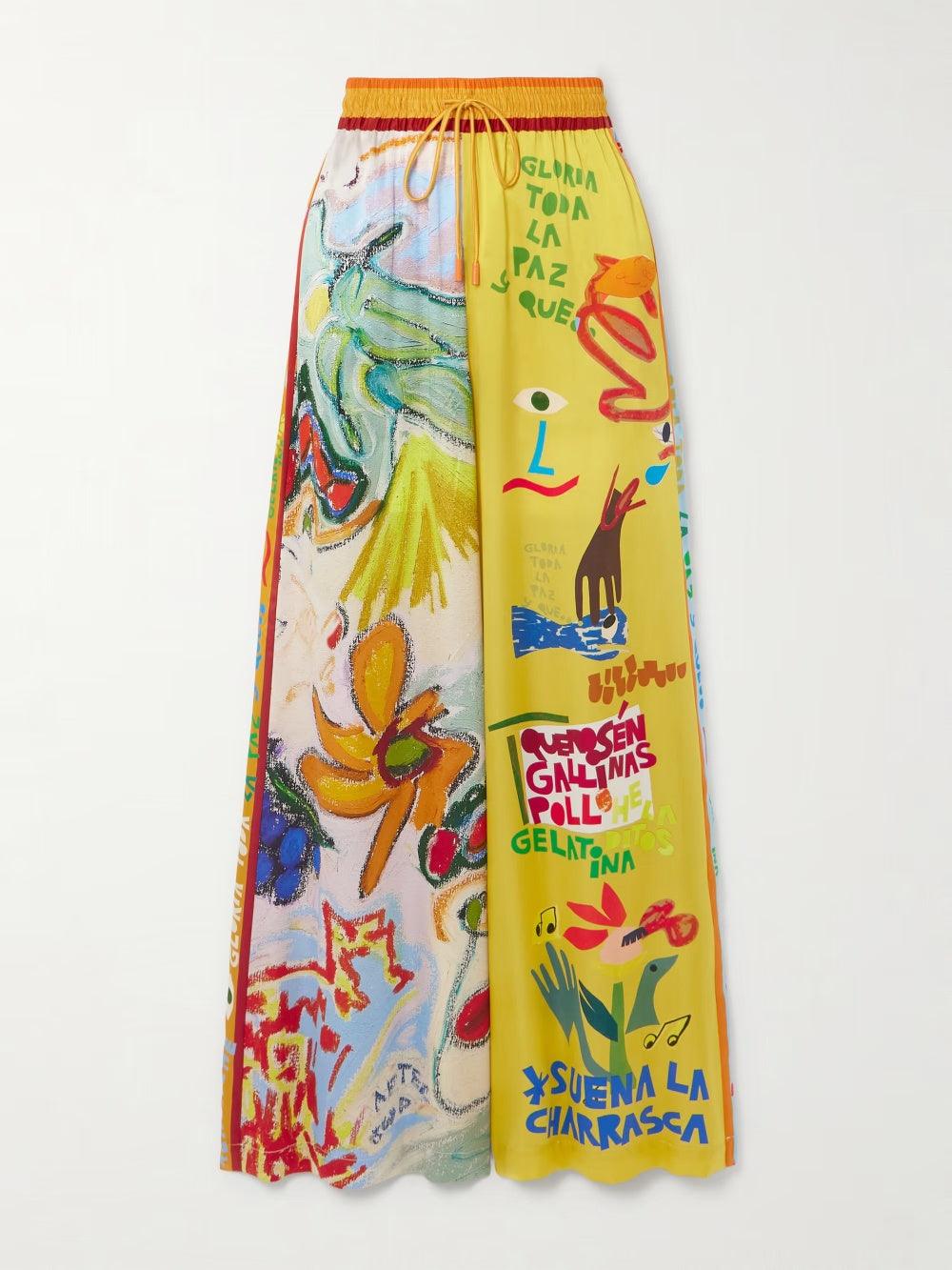 Set med unik mönstrad skjorta i linblandning och byxor med elastisk midja och fickor