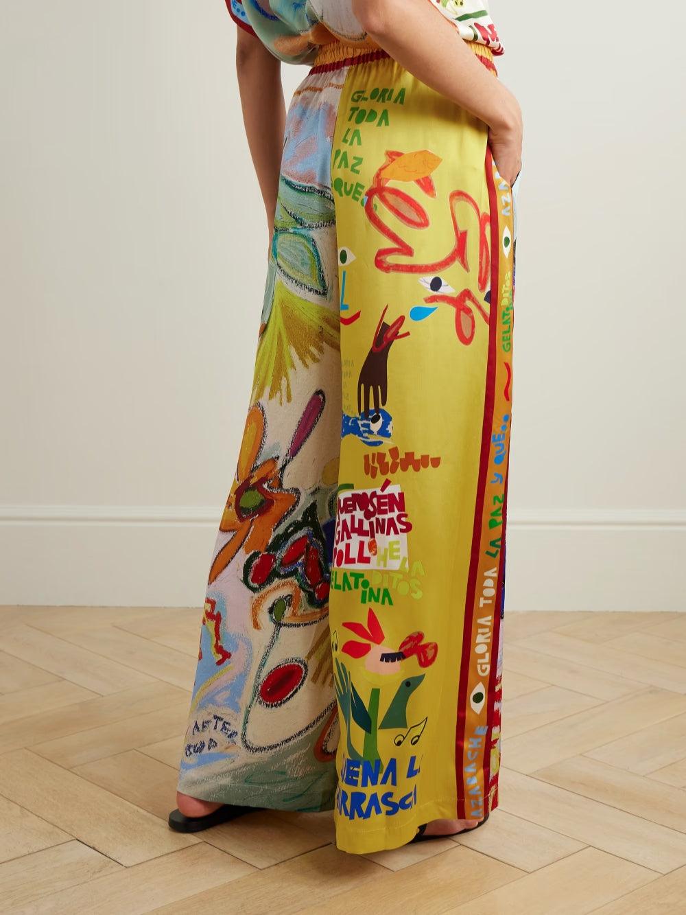 Set med unik mönstrad skjorta i linblandning och byxor med elastisk midja och fickor